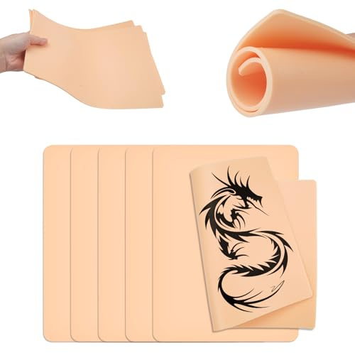 6 stycken A4 konsthud tatuering övningskudd 3 mm, silikontatuering hud att öva, 20 × 30 cm tatueringsövning hud dubbelsidig, professionell konsthud för tillfälliga tatueringsmallar, för nybörjare och