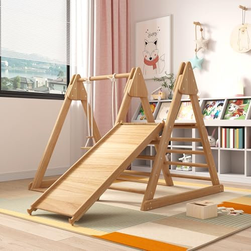 3 in 1 Kletterdreieck Klettergerüst mit Schaukel und Rutsche für drinnen, Holz Indoor Kletterspielzeug Kombispielzeug für Kinder ab 3 Jahren, Natur