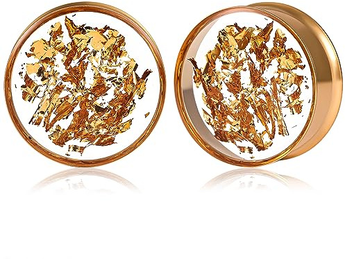 DOEARKO Ohr Flesh Tunnel 1 Paare Gold-Folie Ohr Tunnel Edelstahl Double Flared Ohr Plug Expander Ohrpiercing Gestreckte Schmuck für Frauen und Männer (Gold,10mm)