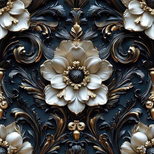 Livelynine 17.5x276 Floral Ceiling Wallpaper Stick and Peel Vintage 3D Wallpaper for Walls Dark Blue Gold Damask Faux Embossed Flower Renter Friendly Luxury Accent Wall Panels PVC 3D Contact Paper