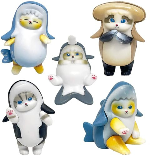 Shark Cat Figure, 5 Pcs Mini Shark Cat Cake Topper, Shark Cat Figures Toys, Mini Cat Ornaments Statues, Realistic cat Figures Toy Set or for Cake,Desk, Ornament Home Party Favor