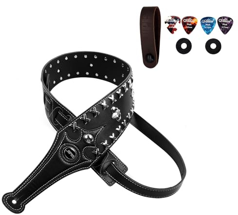 JIPIS Vollnarbiger PU Leder Gitarrengurt mit Retro blauen Perlen, 1 Stirnband 2 Anti Rutsch Schnalle 4 Gitarre Picks, verstellbarer Riemen