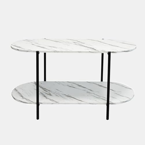 OHS White Coffee Table with Curved 2 Tier Storage, Marble Look Finish Wooden Coffee Tables with Study Metal Frame Modern Oval Centre Table For Living Room Office, 90x45x40cm