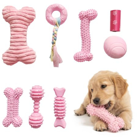 JWPET 8PCS Puppy Teething Toys Set - Interactive Dog Chew Toys with Ball & Cotton Ropes | Safe & Durable Teething Toys for Small Puppies & Medium Dogs | Includes Leak-Proof Poop Bags (Pink)