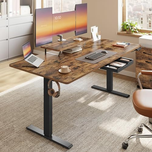 VASAGLE Höhenverstellbarer Schreibtisch, 160 x 80 cm, flexibel montierbarer Monitorständer, Schublade, USB-C-Anschluss, Erinnerung bei langem Sitzen, für Büro, vintagebraun LSD156KD01