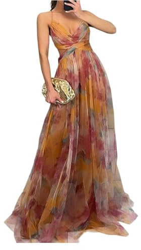 Robe Mariage Invitée Femme Ete Cocktail Boheme Maille Robe Femme Chic Et Elegant Fleurie De Cérémonie Vetement Ete sans Manches Fluide Portefeuille Élégante Summer Dress(Safran,L)