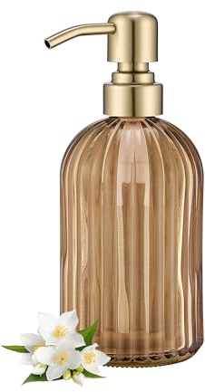 Seifenspender aus bernsteinfarbenem Glas, 473 ml, Bernsteinstreifen, Badezimmer-Handseifenspender mit gebürsteter Goldpumpe, braunes Glas, Küchenhandseifenspender mit gebürsteter Goldpumpe