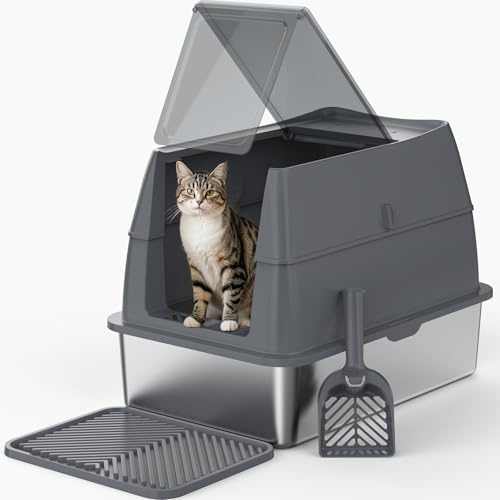 FURTIME Katzenklo Edelstahl mit Deckel, XXL Große Katzentoilette Edelstahl Reinigen und Geruchsresistent, Geschlossene Katzenklo mit Schaufel, Geeignet für große Katzen/mehrere Katzen