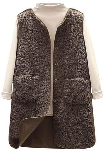Joligiao Teddy Fleece Weste Damen Lang Herbst Winter Fleeceweste Warm Ärmellos Damenweste Leicht Einfarbig Fellweste V Ausschnitt Teddyjacke Langes Freizeit Teddywesten Lässig Knöpfen Plüschweste