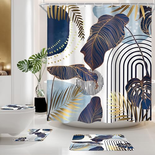 Blue Boho Modern Tropical Gold 4Pcs Bathroom Shower Curtain Set with Rugs | 72W x 72H Abstract Leaves; HD printed curtain, waterproof fabric, matching rugs and hooks.