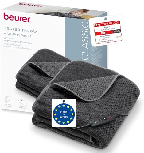Beurer HD 65 Couverture chauffante, Couverture chauffante Douillette avec 3 Niveaux de température, avec arrêt Automatique et système de sécurité, Lavable en Machine à 30 °C, Made en Europe, Gris