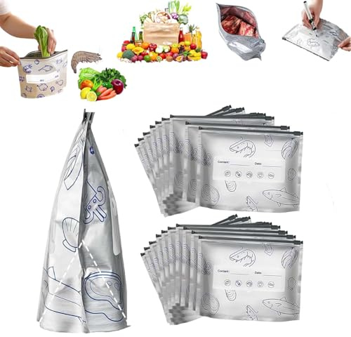 Sacchetti riutilizzabili in alluminio sigillabili, ermetici e lavabili, sacchetti per congelatore con chiusura a zip ed etichetta, sacchetti durevoli per alimenti, per verdure, frutta e carne (M, 30