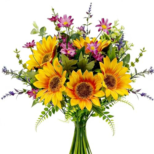 Anieaura Artificial Sunflower Bouquet with Wildflowers, Silk Spring Summer Cemetery Flowers Arrangement for Vase, Faux Sunflowers Table Centerpiece for Home Kitchen Office Wedding Party Grave Decor