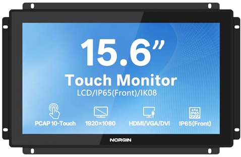 NORQIN 15,6 Monitor Touch Screen Industriale Incorporato IP65-1920×1080 Cornice Aperta,Touch Capacitivo a 10 Puntate,Display LCD,VESA,Porte HDMI/VGA/DVI/USB,per Automazione,Chiosco,CNC e HMI