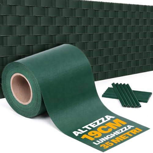 BAKAJI Frangivista Recinzione in PVC 19 cm x 35 Metri, Telo Oscurante per Balcone 450 gr/mq, Strisce Protezione Privacy per Giardino con Clip di Fissaggio, Uv, Impermeabile e Atistrappo (Verde)