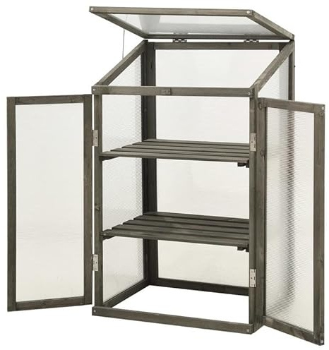 Serra in legno di abete massiccio, 60 x 45 x 100 cm, con verniciatura a base d'acqua grigia, pannelli per PC, serra per giardino, balcone o terrazza, durevole ed ecologica