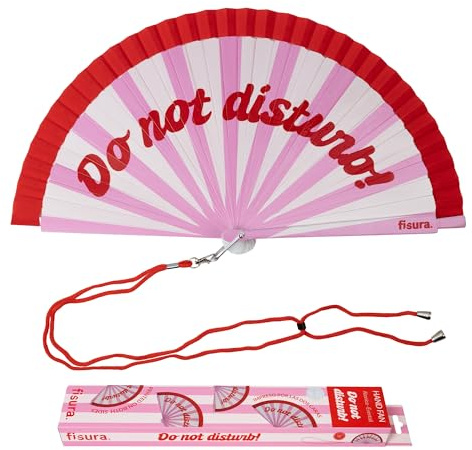Fisura – Abanico Original con Mensaje “Do Not Disturb”. Abanico de Madera Reversible Moderno y Colorido. Ventilador de Mano Rosa y Rojo. Colgador Incluido. Medidas: 42,5 x 23 cm