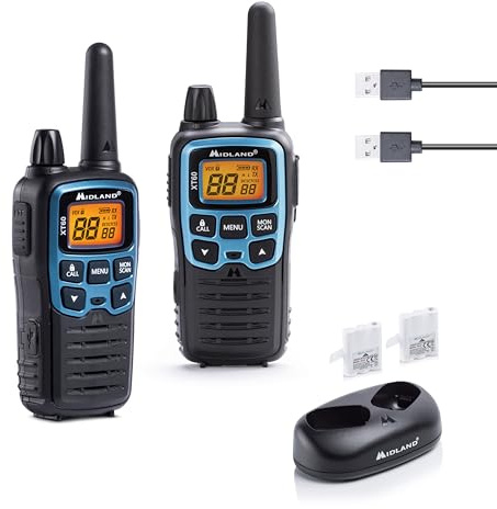 Midland - Walkie Talkie XT60, Professional Long Range Walkie Talkies, 93 Channels, 69 LPD/24 PMR446 Licence-Free 2 Way Radio, 38 CTCSS/83 DCS, 10Km Range, Fast Charging, 12H Battery Life & Accessories
