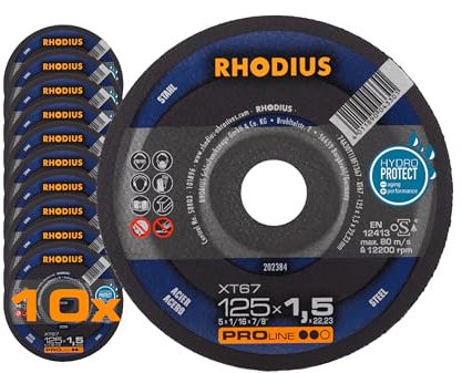 RHODIUS XT67 125 x 1, 5 x 22, 23 mm Trennscheiben für Winkelschleifer Flexscheibe Metall Stahltrennscheibe, 200 W, 240 V, 10 Stück