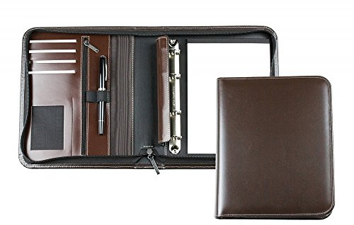 DELMON VARONE - Personalisierbare Ringbuch Schreibmappe DIN A5 aus Cambridge Top Grain Leder braun, Konferenzmappe mit Notizblock, Stiftschlaufe, Einsteckfächer, 4-Ring Combimechanik & Reißverschluss