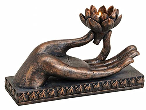 Teelichthalter, Teelichtkerzenhalter Hand Buddhas, Hand in gütiger Optik, Kunstharz in Erdtönen, Maße 32 x 19 x 15 cm, Zen Garden Stil