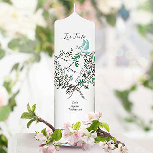 Wandtattoo-Loft Taufkerze Herz Blätterkranz Taube - Kerze zur Taufe, Geburt oder Kommunion - 25 x 7 cm, Unparfümiert, Aufstellbar mit Kerzenständer und Personalisierbar