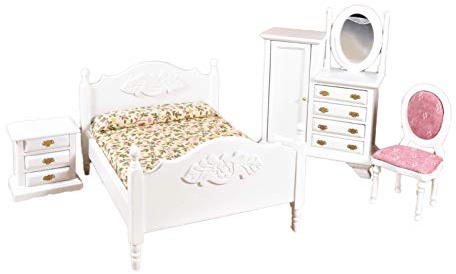 Melody Jane Puppenhaus Weiß Doppelbett Schlafzimmer Möbel Set Mit Kombination Kleiderschrank 1:12