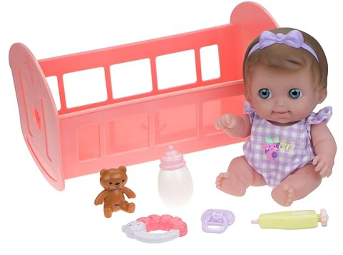 JC TOYS Lil' Cutesies Puppe aus weichem Vinyl, 24 cm, gekleidet mit einem blau melierten Overall, inklusive Kinderbett und 5 Zubehörteilen, Rosa, entworfen von Berenguer, ab 2 Jahren, Sortiert: