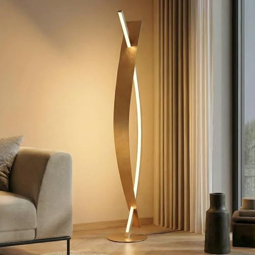 Lucande LED Stehlampe Gold Optik mit Touchdimmer, 24W LED, geschwungene Stehleuchte 140 cm, Standleuchte Wohnzimmer, Esszimmer