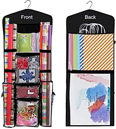 LXTaoler Doppelseitige hängende Geschenktüte zum Aufhängen, Geschenkpapier, Aufbewahrung, Organizer, Tasche mit mehreren Taschen, 100 x 43 cm, transparente PVC-Tasche (Schwarz)