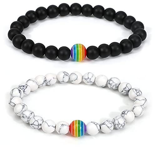 PHOGARY Gay Pride LGBT Bracelets (2 Packs), Rainbow Bead Couple Distance Bracelets, Black + White Agate Beads Lesbian Bracelet Gay Accessories