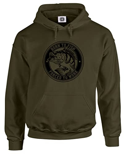 Dead Set Studio Angelgeschenke für Männer – Born To Fish – Lustiges Herren-Kapuzenpullover, Angelbekleidung für Männer, olivgrün, S