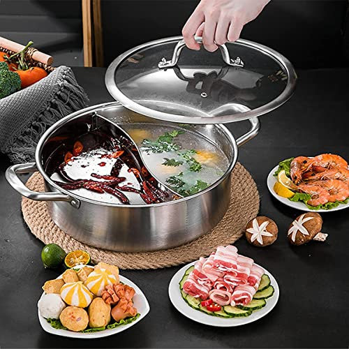MNSSRN Dicker und großer Kapazität mit doppeltem Kochtopf, leicht zu sauberer Edelstahl-Hot-Pot Shabu-Shabu-Dual-Position-Haushaltskochgeschirr für alle Induktionskocher und Gasöfen geeignet