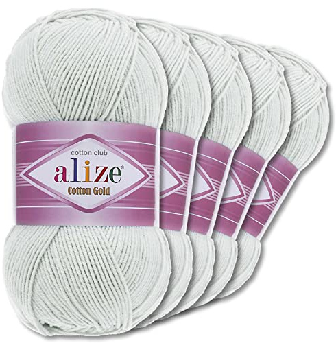 Wohnkult Alize 5 x 100 g Cotton Gold Premium Wolle| 39 Farben Sommerwolle Garn Stricken Amigurumi (533 | Pastellgrau)