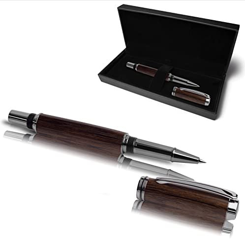 Handgefertigter Tintenroller aus Echtholz | Hochwertiger Rollerball aus Holz mit Miene & Etui | Exklusives Business Geschenk Set (Mooreiche)