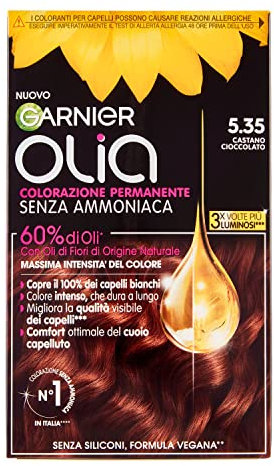 Garnier Olia Tinta Capelli, Colorazione Permanente Senza Ammoniaca, Copre il 100% dei Capelli Bianchi, Con Oli di Fiore di Origine Naturale, Formula Vegana, Castano Cioccolato