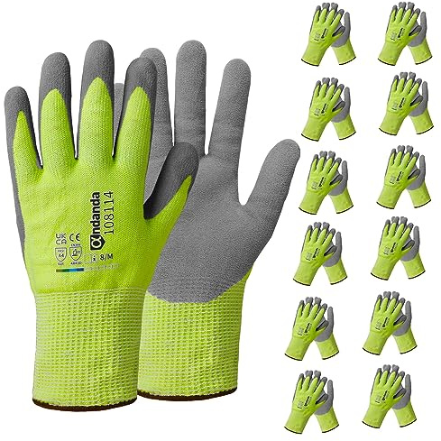 ANDANDA 12 Pairs Safety Work Gloves, Fluorescent Color Knitted Gloves with Nitrile Rubber Coating, Cut Resistant and Wear-resistant, for Men and Women, Ideal for General Duty Work-9L