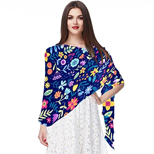 Chiffon-Schal für Damen und Mädchen, Dunkelblau mit Blumenmuster, leichte Schals, modische Schals, Mehrfarbig1