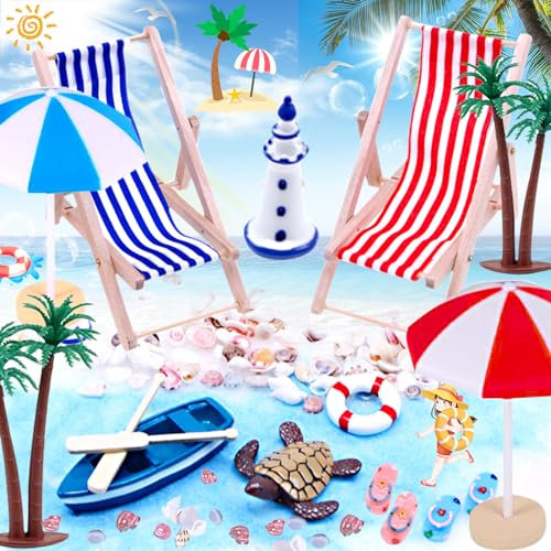 truee 15 Stück Strand Deko Miniatur Set, Miniatur Deko Strand, DIY Strand-Mikrolandschaft, Miniatur Deko Strandbar, Mini Sonnenschirm Kleine Palme Für DIY Garten Sandkasten Swimmingpool Geschenk