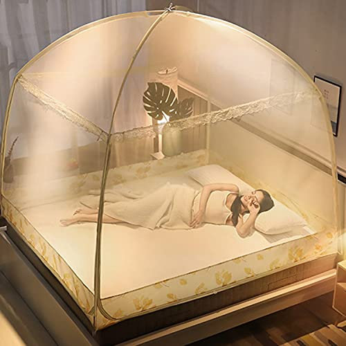 Faltbares Moskitonetz, Betthimmel aus Polyester, Doppeltür, einfach aufzubauen, mit Anti-Mückenstichen an der Unterseite für Bett, Camping, Reisen, Beige, 2 x 2,2 m