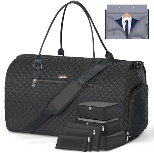 LekeSpring Kleidertasche mit 6 Packtaschen, umwandelbare Wochenendtasche für Damen, große Handgepäcktaschen für Reisen, Seesack, Kleidersack, Geschenke, Schwarz, Schwarz