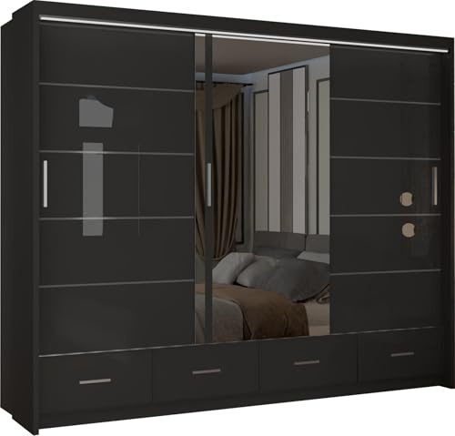 MN Furniture Derry High Gloss & Mirror Sliding Doors Wardrobe with Long Led Light and Bottom Drawers (Black, 255cm)