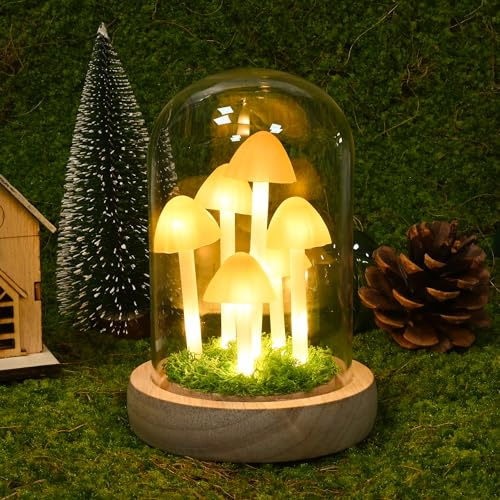 QUELIEN Mushroom Lamp in Glass Dome,Mushroom Gifts for Women - Warm White LED Night Light for Bedroom Decor,Unique Gifts for Women, Housewarming Birthday Christmas Decorations