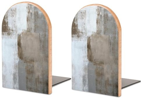 Quteprint Buchstützen aus Holz für Regale, Schreibtisch-Buchstützen, 2 Stück, grau-braun, abstrakte Kunst, dekorativ, Büro, Zuhause, Schule, Buchhalter, robuste Buchstopper für Filme, Bücher, Größe M