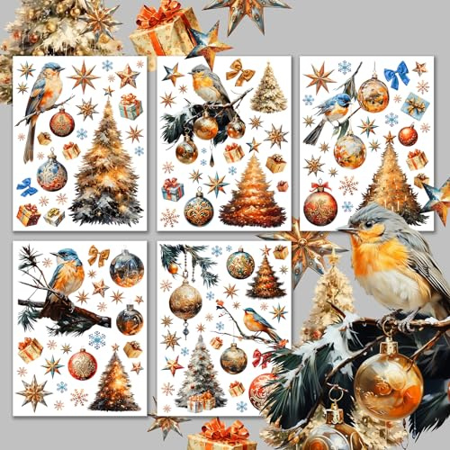 Decoupage Paper Pack (15 Sheets 8x11) Sparkling Christmas Tree and Birds Ornament HANATABA Vintage Styled Ephemera Pictures for Decoupage Craft and Scrapbooking