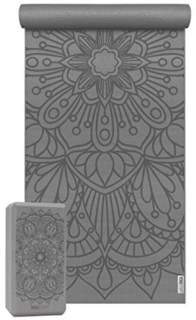 Yogistar Yoga-Set Starter Edition - Lotus Mandala (Yogamatte + 1 Yogablock) 183 x 61 x 0.4 cm, grau