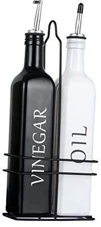 Duiaynke Oil and Dispenser Set with Caddy Holder Olive Oil Bottle Oil Dispenser Bottle Black and White Dispenser Bottle Set for Kitchen