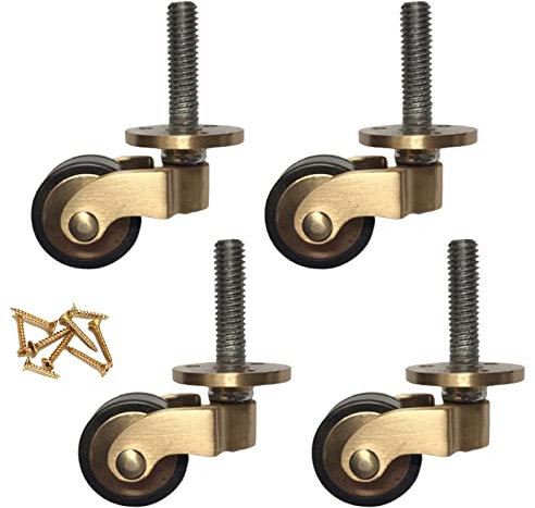 1-Zoll-Lenkrollen, um 360 Grad drehbare Möbelrollen, Räder aus massivem Messing mit Gummi, Lenkrollen mit Gewindeschaft für Stuhl, Schrank, Tisch, Esszimmer, Auto, mit Schrauben, 4er-Set (Farbe: Gold,