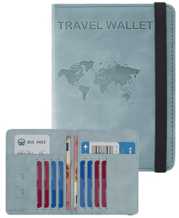 RAXCLAY Porte-Passeport Couverture Étui de Voyage 8 Cartes RFID Documents Accessoires Utiles Homme Femme 2e Génération Cuir PU Multifonction Double Compartiment Blocage Écran Compact Slim (Cyan)