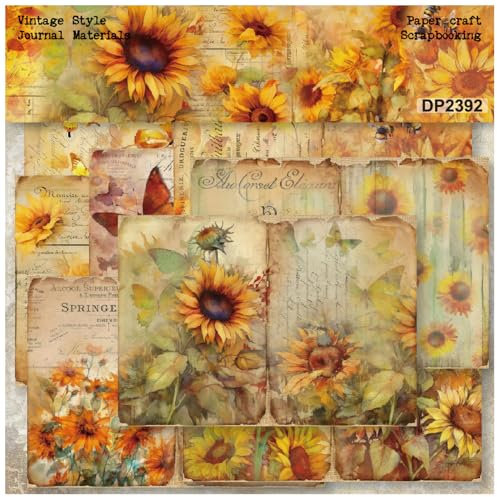 ZAKHSE Motivpapier Designpapier, 24 Blatt Sonnenblumen Schmetterlinge Motive Design Papier Einseitig Bedruckt Scrapbook Papier, 21×14,5cm Bastelpapier DIY Kartengestaltung Scrapbook Zubehör-8 Muster